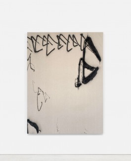 A raw canvas, adorned with minimal black spray paint symbols created by the Barcelona artist Esther Miquel, is displayed on a white wall.