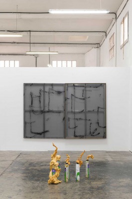 Two transparent and black paintings by Esther Miquel hung on a white wall at Groc Projects.